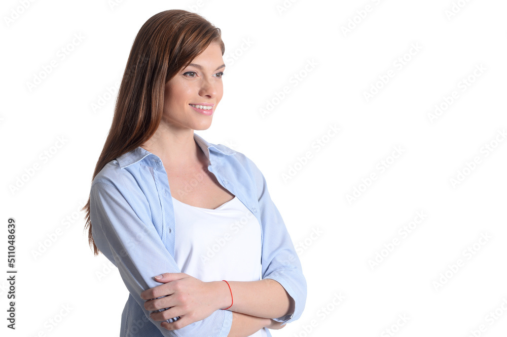 Portrait of beautiful young woman posing on white background Portrait of beautiful young woman posing on white background