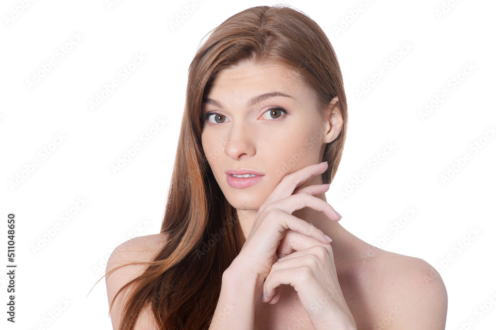 Close up portrait of beautiful young woman with perfect skin isolated Close up portrait of beautiful young woman with perfect skin isolated