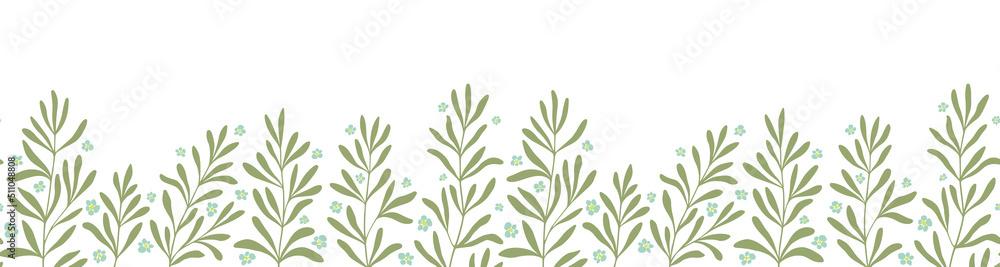 Fototapeta premium Floral horizontal border with green climbing plants. Vector seamless pattern. Hand drawn background for invitations, cards and posters.