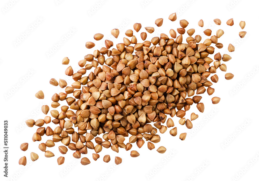 Buckwheat is scattered on a white, cut out. Top view Buckwheat is scattered on a white, cut out. Top view