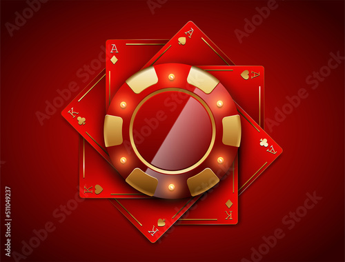 VIP poker red and golden chip on red aces and kings playing cards vector casino logo. Royal poker tournament or club emblem with LED light bulbs excitement luxury background