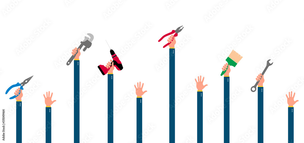 mani alzate, attrezzi, mestieri, persone, lavoratori, ristrutturazioni mani alzate, attrezzi, mestieri, persone, lavoratori, ristrutturazioni