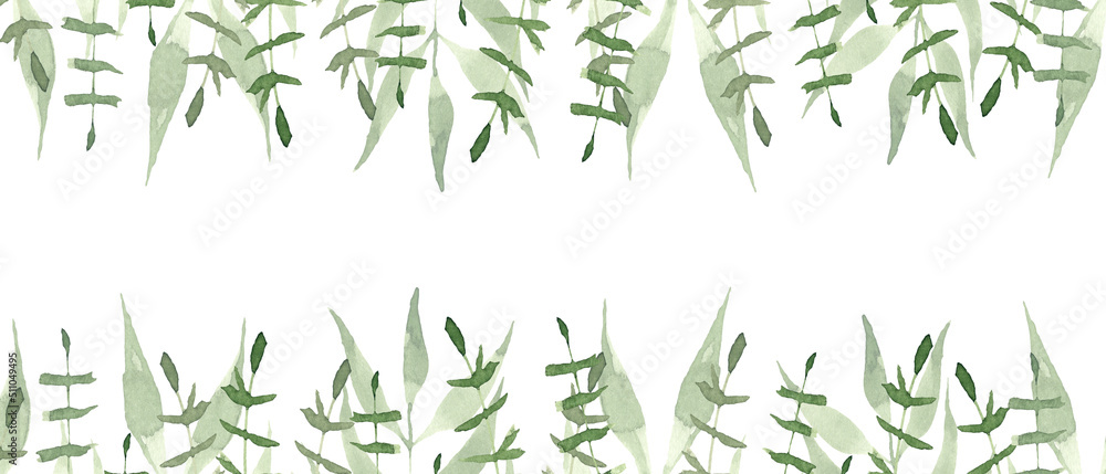 Green leaves on white background. Watercolor hand painted border. Green leaves on white background. Watercolor hand painted border.