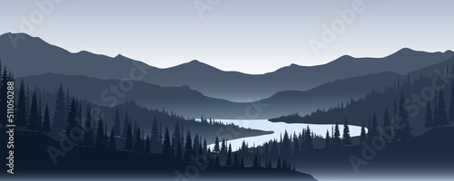 Nature background vector illustration, mountain and river landscape.