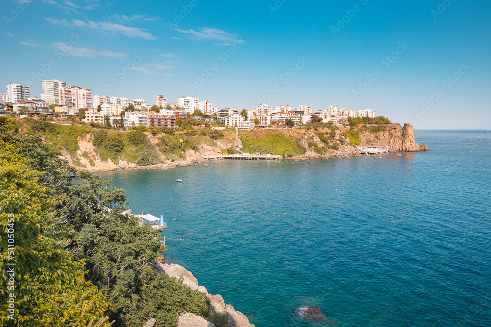 Lara district of a resort town of Antalya, Turkey situated on a high cliff. Vacation and coastline concept