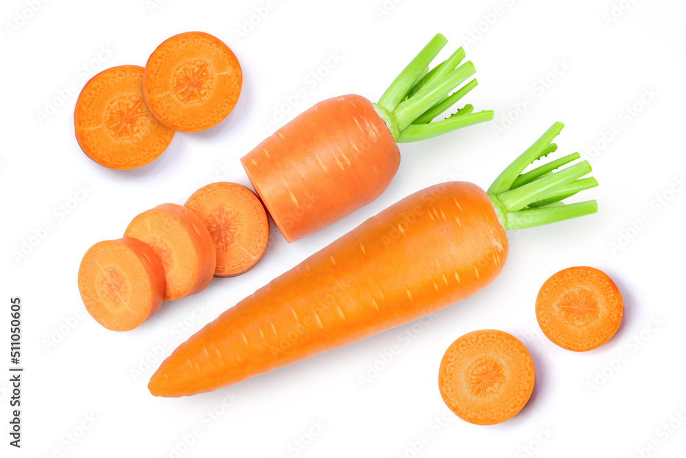 Obraz na płótnie Fresh carrot isolated on white background. Top view. Flat lay. w salonie