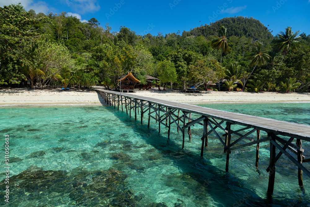Obraz premium A wooden walkway connects a jetty between coral reefs to the seashore that precedes the landscape and huts of a tourist accommodation area in Raja Ampat Islands, West Papua, Indonesia