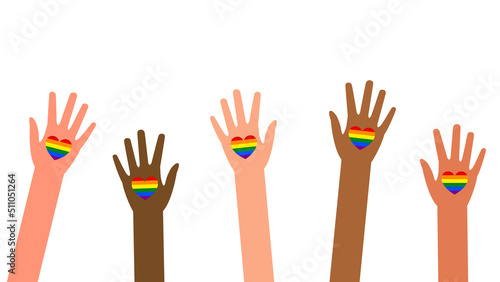 LGBT Pride Month holiday, People rise hands up with hearts in lgbt flags, banner and placards with lgbt rainbow and transgender flag. Hands up gay parade. Vector illustration.