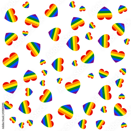 Image abstract doodles seamless pattern. Hearts with rainbow. Gay parade, LGBT rights symbol. Isolated. Background, wrapping paper, bag template, print for packet. High quality illustration.