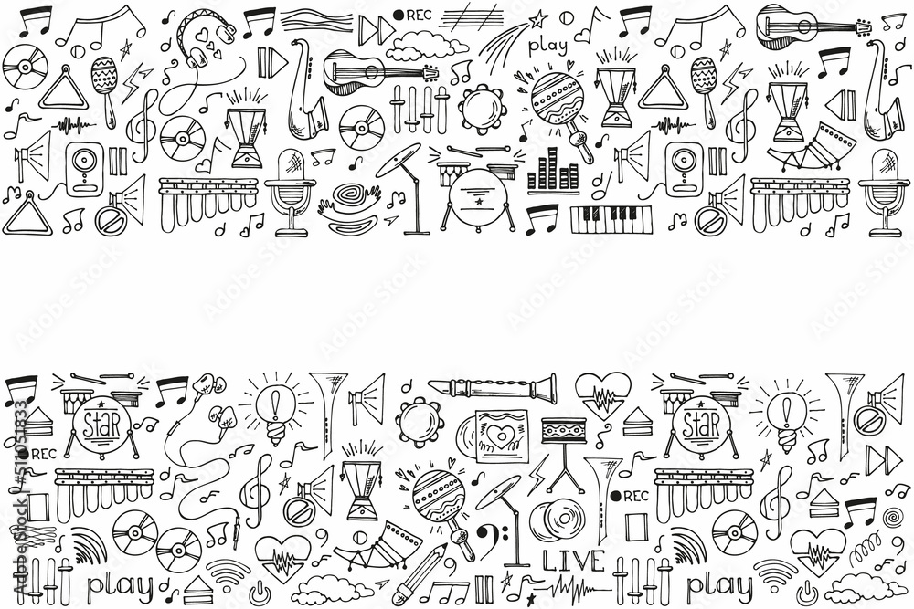 Abstract background music, with tape recorder, silhouette in circle shape. Vector doodle set musical instruments. hand drawn illustration