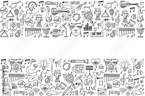 Abstract background music, with tape recorder, silhouette in circle shape. Vector doodle set musical instruments. hand drawn illustration