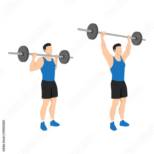 Man doing Standing barbell shoulder press exercise. Flat vector illustration isolated on white background