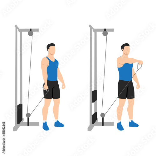 Man doing Single arm cable front raise exercise. Flat vector illustration isolated on white background