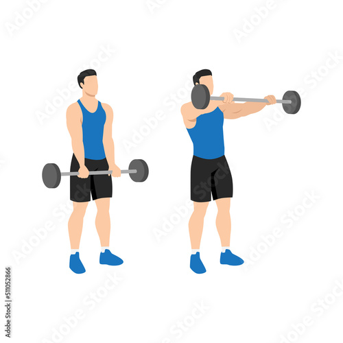 Man doing Barbell front raise exercise. Flat vector illustration isolated on white background