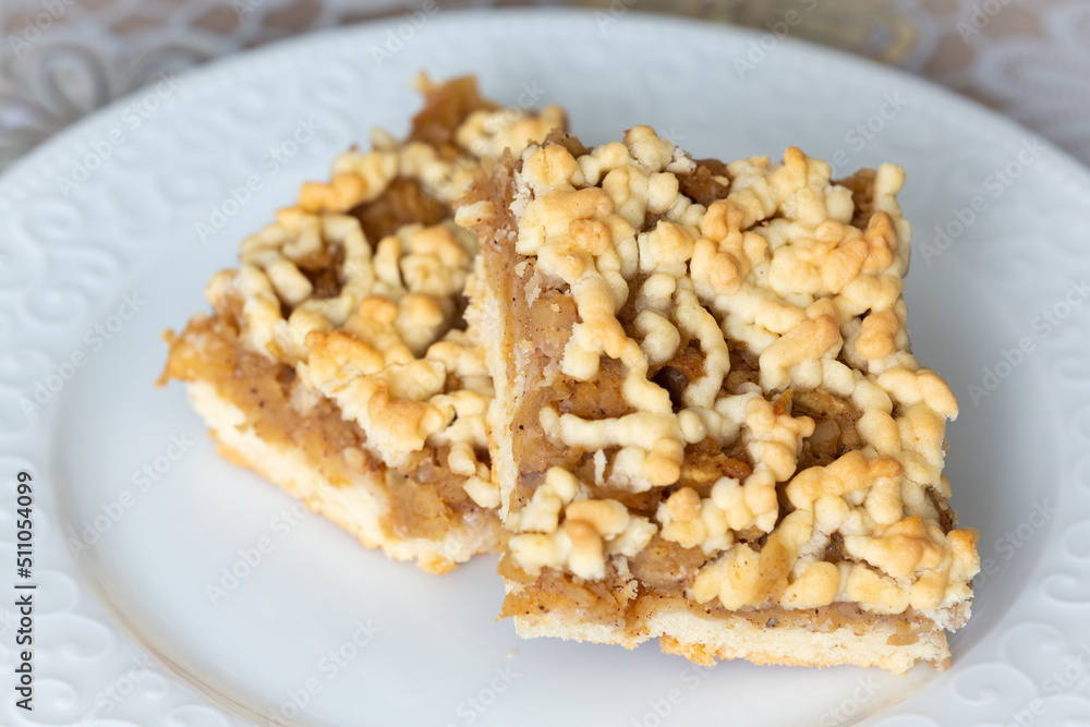 Two slices of apple pie on white porcelain plate in selective focus. Breakfast or after-dinner dessert concept. Two slices of apple pie on white porcelain plate in selective focus. Breakfast or after-dinner dessert concept.