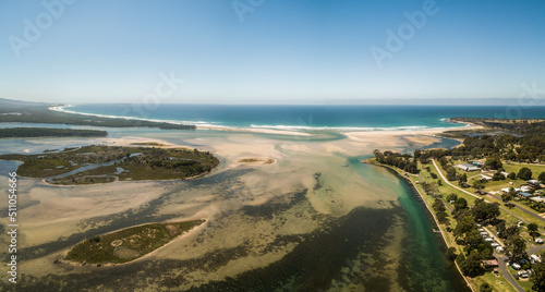 erial view over islands in the Mallacoota Inlet and mouth of the Wallagaraugh River, eastern Victoria, Australia, December 2020. photo