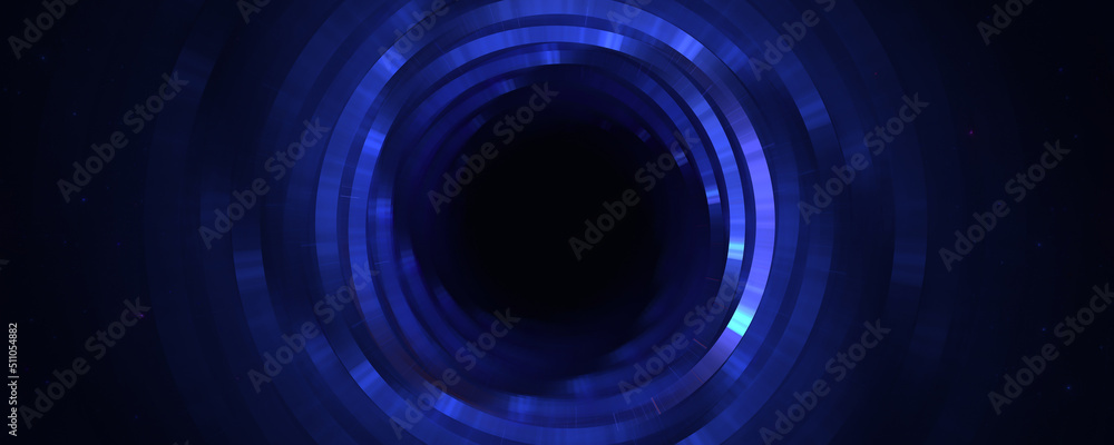 Obraz premium Abstract blue light tunnel background, glowing neon circular vortex, futuristic deep space portal for technology and sci-fi concepts