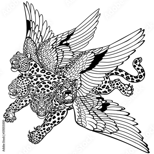 Four-headed leopard with wings of a bird on its back. Mythological creature beast of Daniel prophecy. Biblical animal monster in the flight. Black and white vector illustration