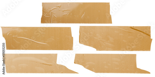 Torn horizontal and different size glossy beige sticky tape, sticky pieces on white background. Set of glossy beige tapes.