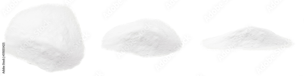 Soda, flour, salt or sugar are poured in heaps. Three heaps of white powder at different angles isolated on a white background. Soda, flour, salt or sugar are poured in heaps. Three heaps of white powder at different angles isolated on a white background.