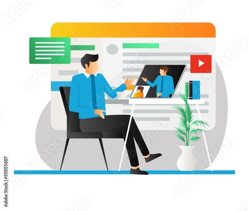 Isometric illustration concept working with team online