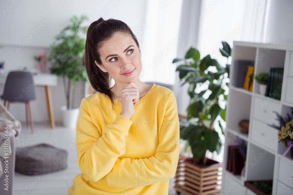 Portrait of attractive cheerful brown-haired girl housekeeper making decision spending weekend at home house flat indoors Portrait of attractive cheerful brown-haired girl housekeeper making decision spending weekend at home house flat indoors