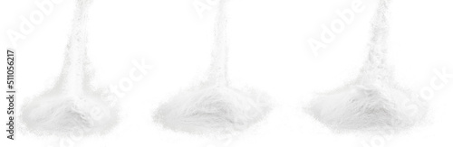 Soda, flour, salt or sugar are poured in heaps. Three different heaps of white powder isolated on a white background.