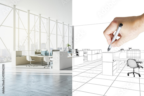 Design project development with 3D visualization of spacious sunlit coworking office with white furniture, concrete floor and huge window with city view and man hand drowning sketch