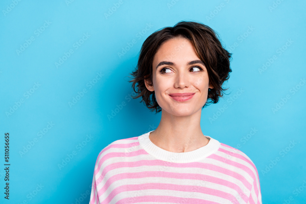 Portrait of gorgeous peaceful positive lady see black friday ad customer choice thinking isolated on blue color background Portrait of gorgeous peaceful positive lady see black friday ad customer choice thinking isolated on blue color background