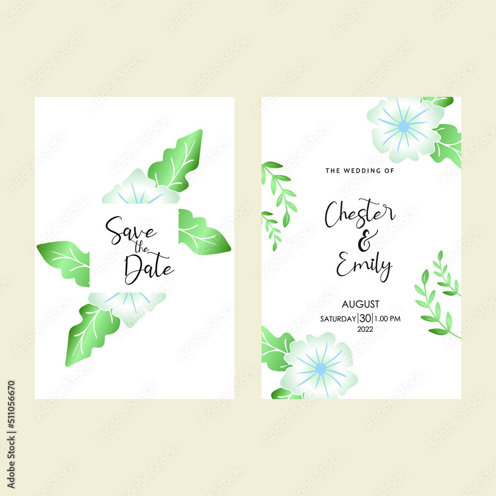 green leaves and floral vector wedding invitation. simple design invitation with green leaves.