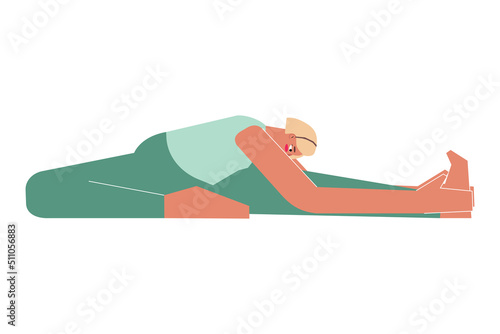 Vector isolated illustration with flat female character. Sportive woman learns posture Janu Sirsasana at yoga class. Fitness exercise - Head to Knee Forward Bend photo