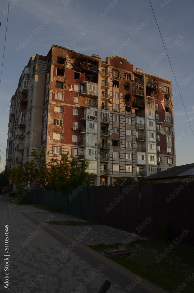 War in Ukraine. Destroyed buildings in Kyiv region after russian army attack. Consequences of russian invasion in Ukraine.  