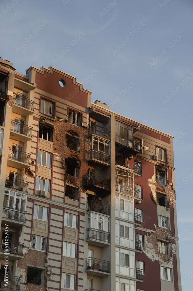Fototapeta premium War in Ukraine. Destroyed buildings in Kyiv region after russian army attack. Consequences of russian invasion in Ukraine. 
