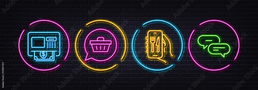 Atm, Shopping cart and Restaurant app minimal line icons. Neon laser 3d lights. Dots message icons. For web, application, printing. Money withdraw, Dreaming of gift, Smartphone food. Vector