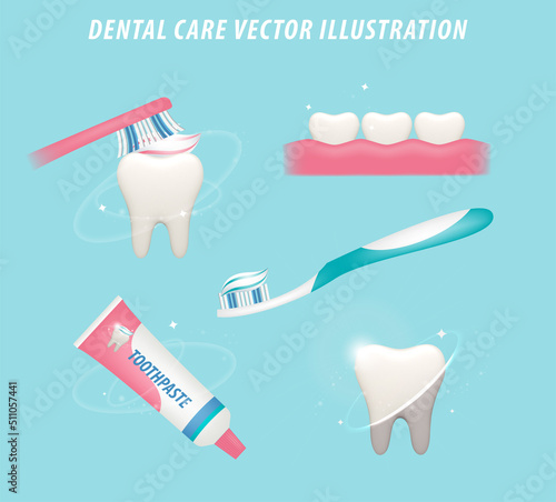 Dental care vector illustration. Realistic 3d vector dental elements