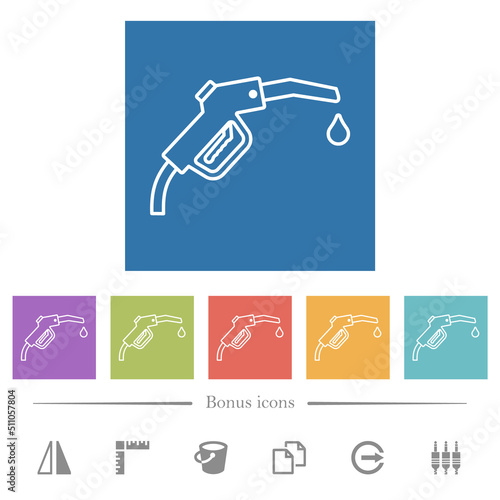 Gasoline pump fuel nozzle outline flat white icons in square backgrounds