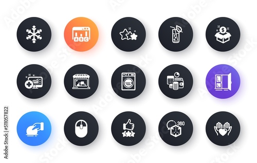 Minimal set of Rating stars, Post package and Survey results flat icons for web development. Laundry, Snowflake, Medical analytics icons. Budget accounting, Donate. Circle buttons with icon. Vector