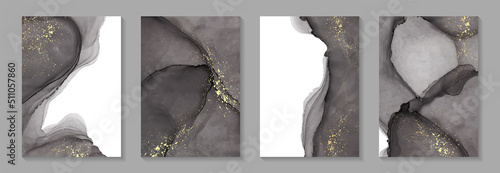 Modern watercolor background or elegant card design for birthday invite or wedding or menu with abstract black ink waves and golden splashes.