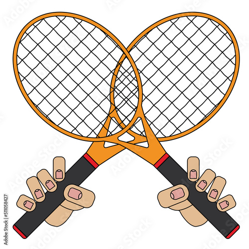 tennis rackets in hands, picture isolated on white background in cartoon style in vector graphic