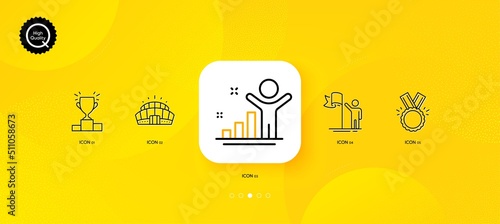 Honor, Leadership and Arena stadium minimal line icons. Yellow abstract background. Winner, Winner podium icons. For web, application, printing. Medal, Competition building, Best result. Vector
