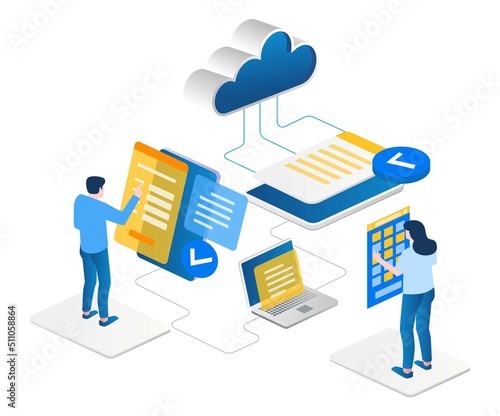Concept illustration of isometric team maintaining smartphone app