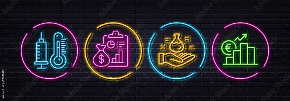 Report, Thermometer and Chemistry lab minimal line icons. Neon laser 3d lights. Euro rate icons. For web, application, printing. Survey clipboard, Vaccine syringe, Laboratory. Currency trade. Vector - obrazy, fototapety, plakaty 