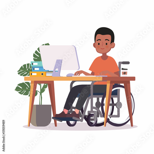 Person in wheelchair working on computer desk in home office Premium Vector