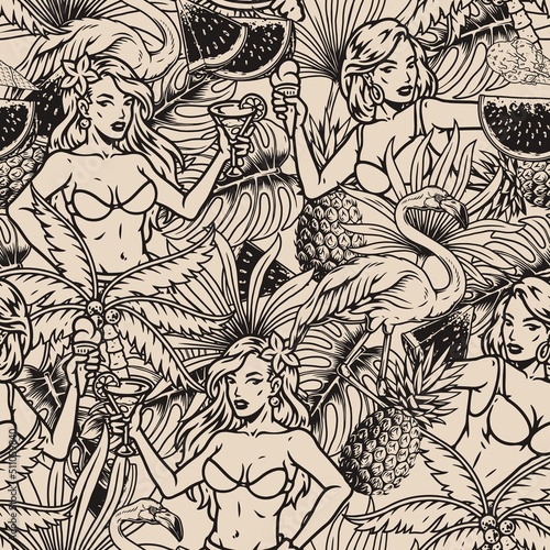 Hawaiian party seamless pattern monochrome
