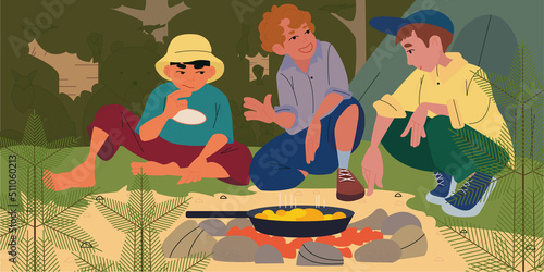 Three boys rest in the forest and cook food on a fire, wildlife, outdoor recreation in the forest. Illustration, poster. 