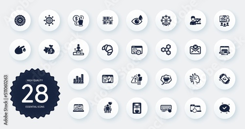 Set of Business icons, such as Marketplace, Coffee cup and Croissant flat icons. Web inventory, Business podium, Recovery devices web elements. Reject mail, Blood donation, Parking place signs. Vector