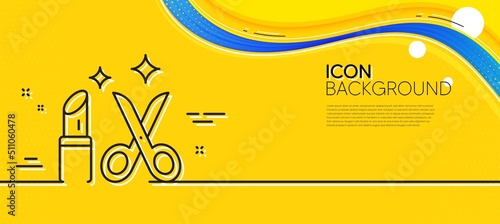 Beauty salon line icon. Abstract yellow background. Haircut scissors and lipstick sign. Makeup service symbol. Minimal beauty line icon. Wave banner concept. Vector