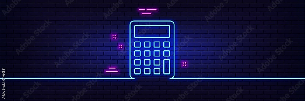 Neon light glow effect. Calculator line icon. Accounting sign. Calculate finance symbol. 3d line neon glow icon. Brick wall banner. Calculator outline. Vector Neon light glow effect. Calculator line icon. Accounting sign. Calculate finance symbol. 3d line neon glow icon. Brick wall banner. Calculator outline. Vector