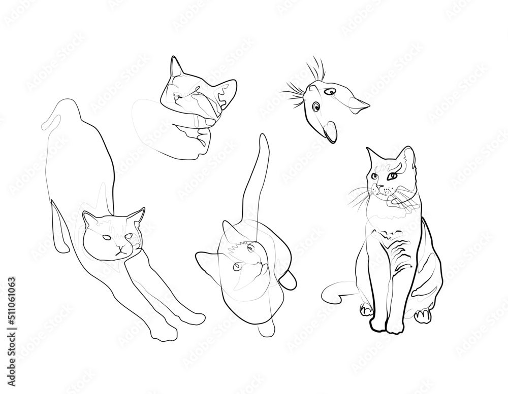 The cat collection in abstract hand drawn style, minimalist one line drawing