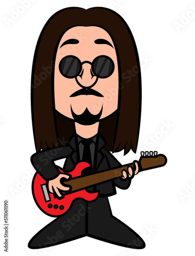 Cartoon illustration of long haired men wearing sunglasses and formal clothes, playing electric guitar on stages, best for mascot, sticker, and decoration with group band themes